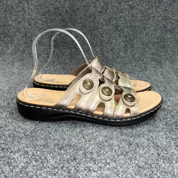 Clarks Sandals Women's Size 8.5 Bronze Leather Button Adjustable Comfort Slides - Picture 1 of 12